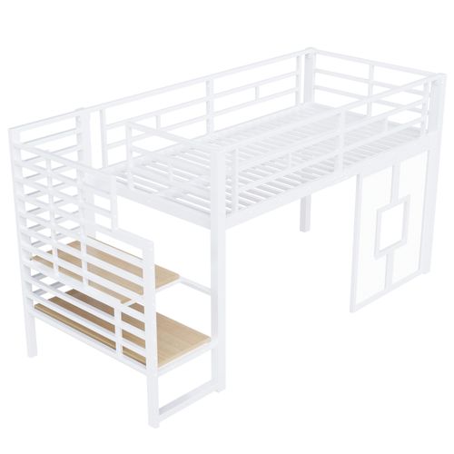 Lit Mezzanine Enfant 90x200 En Métal Blanc Avec Escalier De Rangement, Fenêtres Et LED Intégrée