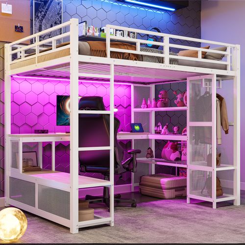 Lit Mezzanine 140x200 En Métal Blanc Avec Bureau, Rangement, Penderie Ouverte, LED Et Port USB