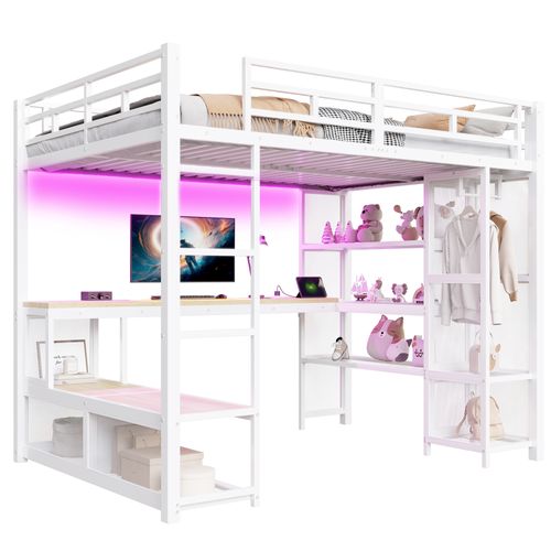 Lit Mezzanine 140x200 En Métal Blanc Avec Bureau, Rangement, Penderie Ouverte, LED Et Port USB