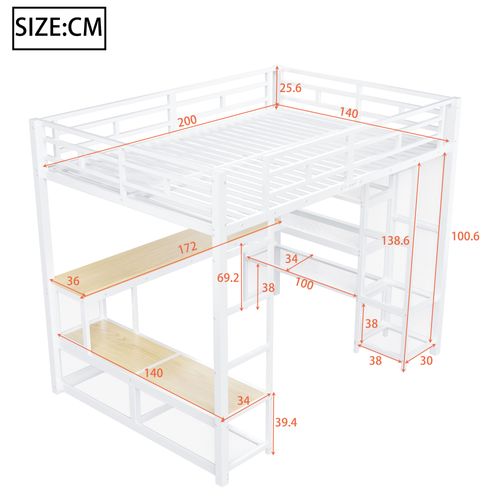 Lit Mezzanine 140x200 En Métal Blanc Avec Bureau, Rangement, Penderie Ouverte, LED Et Port USB