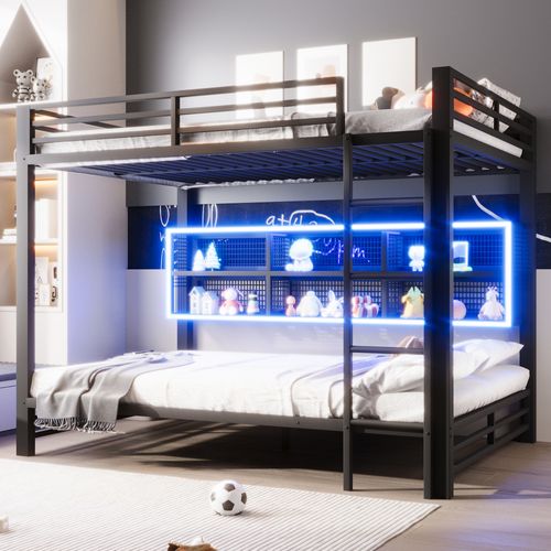 Lit Superposé 140x200 En Métal Noir Avec Rangements Intégrés, Éclairage LED Et Structure Sécurisée