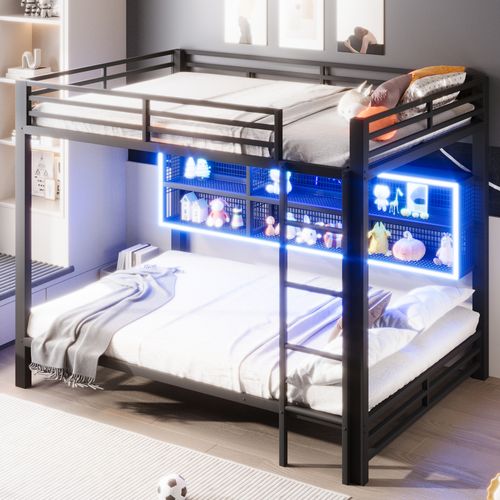 Lit Superposé 140x200 En Métal Noir Avec Rangements Intégrés, Éclairage LED Et Structure Sécurisée