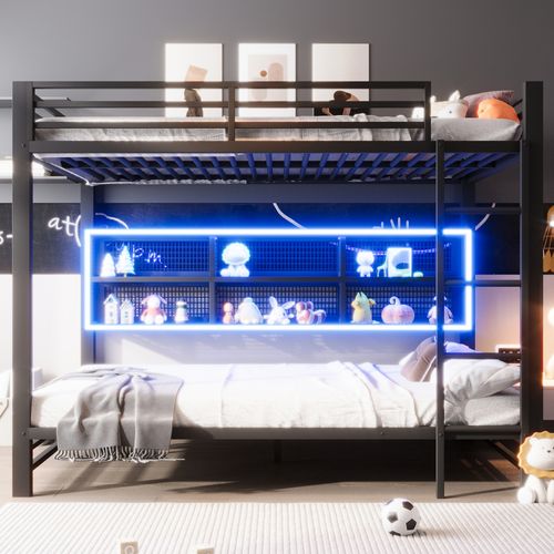 Lit Superposé 140x200 En Métal Noir Avec Rangements Intégrés, Éclairage LED Et Structure Sécurisée