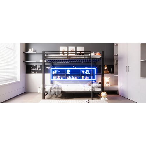 Lit Superposé 140x200 En Métal Noir Avec Rangements Intégrés, Éclairage LED Et Structure Sécurisée