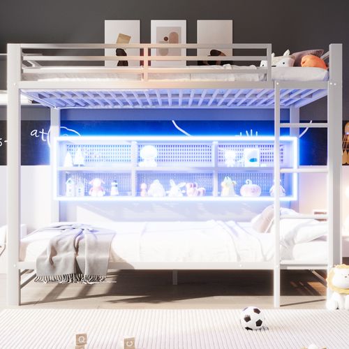 Lit Superposé 140x200 En Métal Blanc Avec Rangements Intégrés, Éclairage LED Et Structure Sécurisée