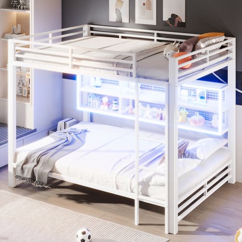 Lit Superposé 140x200 En Métal Blanc Avec Rangements Intégrés, Éclairage LED Et Structure Sécurisée
