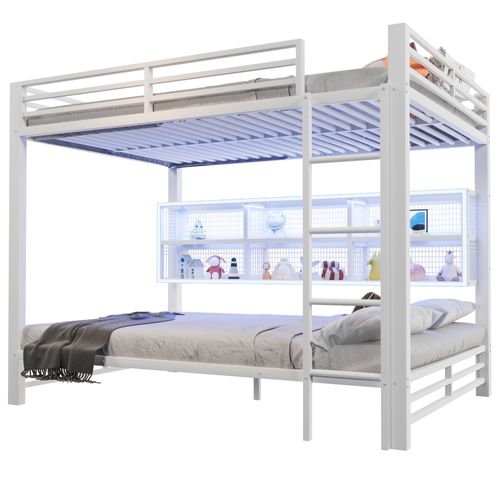 Lit Superposé 140x200 En Métal Blanc Avec Rangements Intégrés, Éclairage LED Et Structure Sécurisée