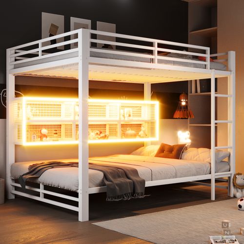 Lit Superposé 140x200 En Métal Blanc Avec Rangements Intégrés, Éclairage LED Et Structure Sécurisée
