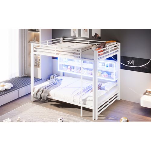 Lit Superposé 140x200 En Métal Blanc Avec Rangements Intégrés, Éclairage LED Et Structure Sécurisée