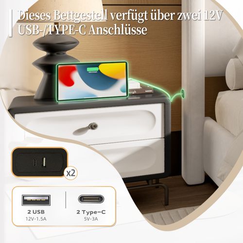 Lit Moderne 160x200 Cm Beige Avec Tête Haute, USB Intégré Et Cadre Métal-bois