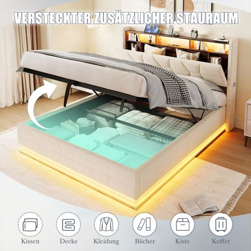 Lit Multifonction 160x200 Cm Beige Avec LED, Rangements Ouverts Et Ports USB/type-c