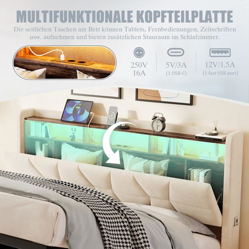 Lit Multifonction 140x200 Cm Beige Avec LED, Rangements Et Ports USB/type-c