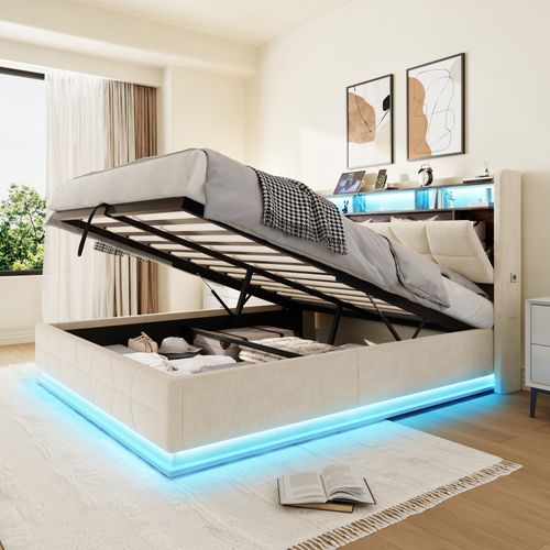 Lit Multifonction 140x200 Cm Beige Avec LED, Rangements Et Ports USB/type-c