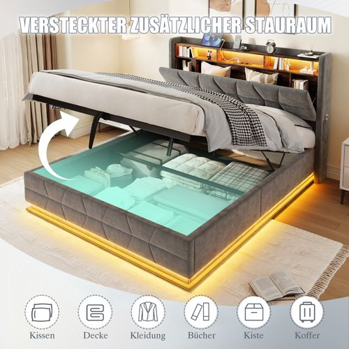 Lit Multifonction 140x200 Cm Gris Foncé Avec LED, Rangements Et Ports USB/type-c