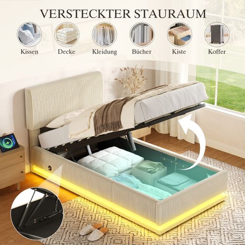 Lit Moderne 90x200 Cm Beige Avec LED, Tête Réglable, Corduroy Et Espace De Rangement