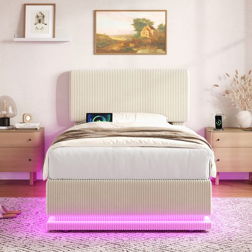 Lit Moderne 90x200 Cm Beige Avec LED, Tête Réglable, Corduroy Et Espace De Rangement
