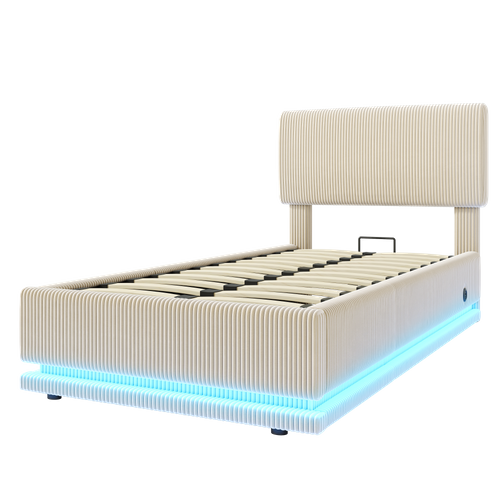 Lit Moderne 90x200 Cm Beige Avec LED, Tête Réglable, Corduroy Et Espace De Rangement