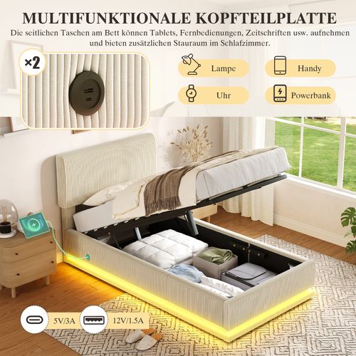 Lit Moderne 90x200 Cm Beige Avec LED, Tête Réglable, Corduroy Et Espace De Rangement