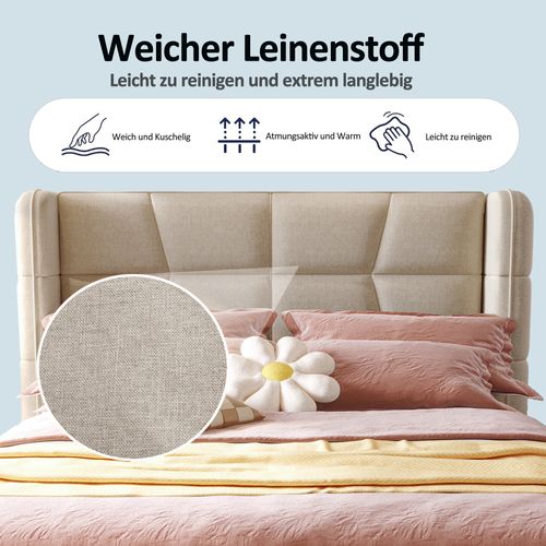 Lit Enfant Capitonné 90x200 Cm Avec Sommier Et Coffre De Rangement à Vérin, Cadre En Lin Beige