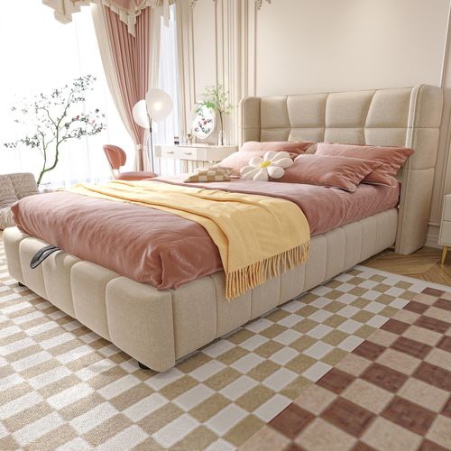 Lit Enfant Capitonné 90x200 Cm Avec Sommier Et Coffre De Rangement à Vérin, Cadre En Lin Beige