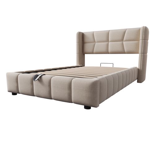 Lit Enfant Capitonné 90x200 Cm Avec Sommier Et Coffre De Rangement à Vérin, Cadre En Lin Beige