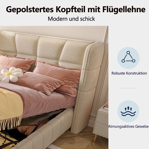 Lit Enfant Capitonné 90x200 Cm Avec Sommier Et Coffre De Rangement à Vérin, Cadre En Lin Beige