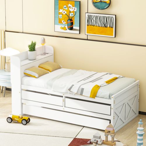 Lit Simple 90x190 Cm En Pin Massif Blanc Avec Lit Gigogne, Tiroirs De Rangement Et Port USB Intégré