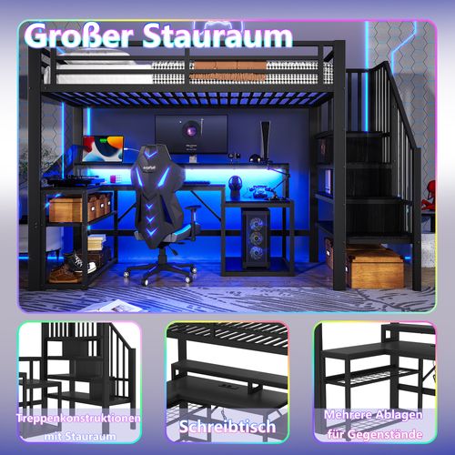 Lit Mezzanine 90x200 Cm Métal Noir Avec Bureau, LED Et Rangements Intégrés