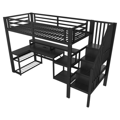 Lit Mezzanine 90x200 Cm Métal Noir Avec Bureau, LED Et Rangements Intégrés