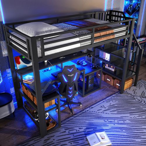 Lit Mezzanine 90x200 Cm Métal Noir Avec Bureau, LED Et Rangements Intégrés