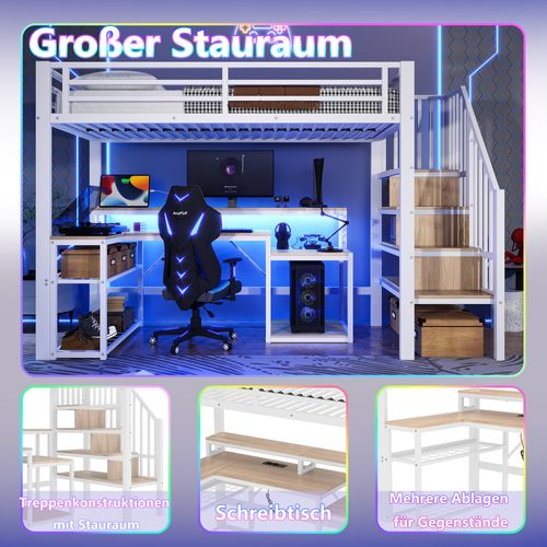 Lit Mezzanine 90x200 Cm Métal Blanc Avec Bureau, LED Et Rangements Intégrés