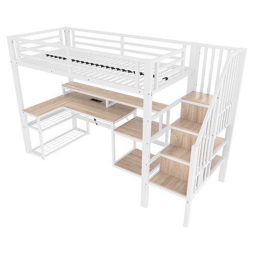 Lit Mezzanine 90x200 Cm Métal Blanc Avec Bureau, LED Et Rangements Intégrés