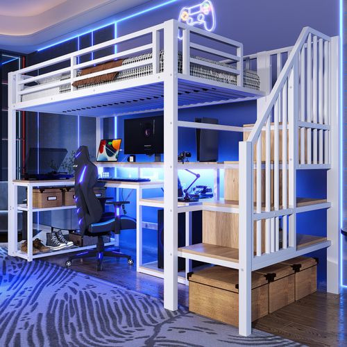Lit Mezzanine 90x200 Cm Métal Blanc Avec Bureau, LED Et Rangements Intégrés