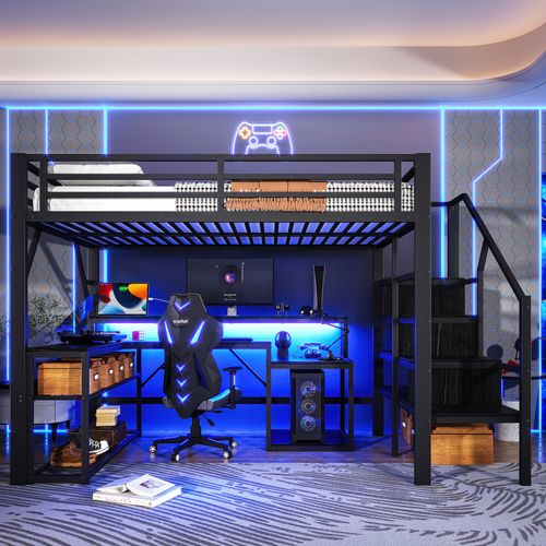 Lit Mezzanine 140x200 Cm Métal Noir Avec Bureau, LED Et Rangements Intégrés