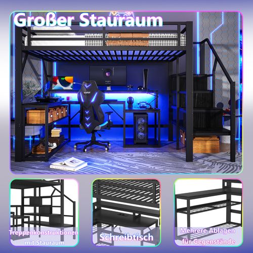 Lit Mezzanine 140x200 Cm Métal Noir Avec Bureau, LED Et Rangements Intégrés