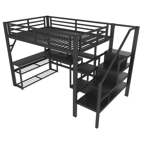Lit Mezzanine 140x200 Cm Métal Noir Avec Bureau, LED Et Rangements Intégrés