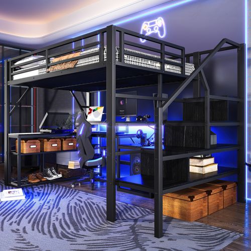 Lit Mezzanine 140x200 Cm Métal Noir Avec Bureau, LED Et Rangements Intégrés