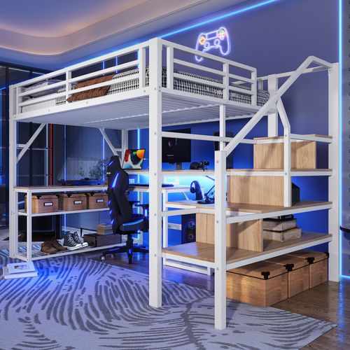 Lit Mezzanine 140x200 Cm Métal Blanc Avec Bureau, LED Et Rangements Intégrés