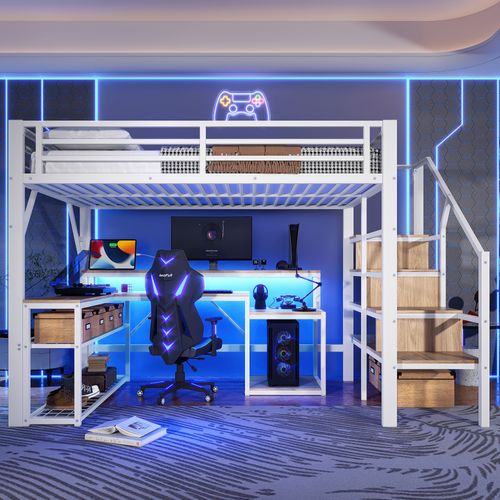 Lit Mezzanine 140x200 Cm Métal Blanc Avec Bureau, LED Et Rangements Intégrés