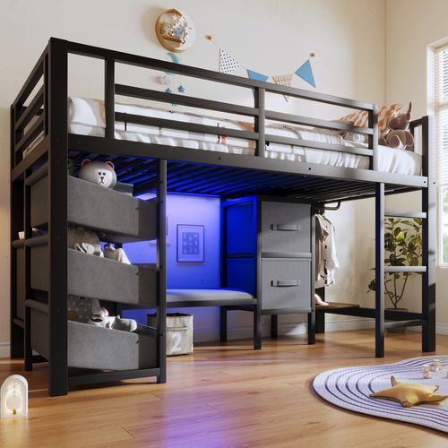 Lit Mezzanine 90x200 Cm Métal Noir Avec LED, Rangement Tissu Et Coussin Assise