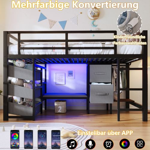 Lit Mezzanine 90x200 Cm Métal Noir Avec LED, Rangement Tissu Et Coussin Assise