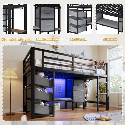 Lit Mezzanine 90x200 Cm Métal Noir Avec LED, Rangement Tissu Et Coussin Assise