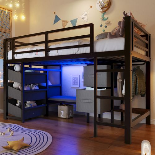 Lit Mezzanine 90x200 Cm Métal Noir Avec LED, Rangement Tissu Et Coussin Assise