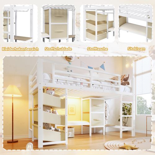 Lit Mezzanine 90x200 Cm Métal Blanc Avec LED, Rangement Tissu Et Coussin Assise