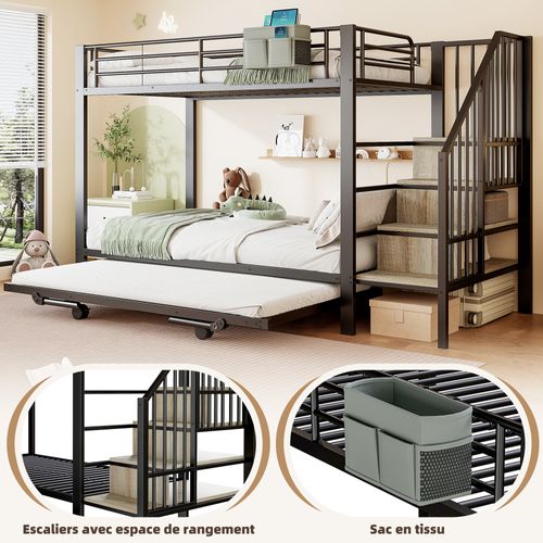 Lit Superposé 90x200 Cm Noir Avec Lit Extensible Et Rangement Intégré