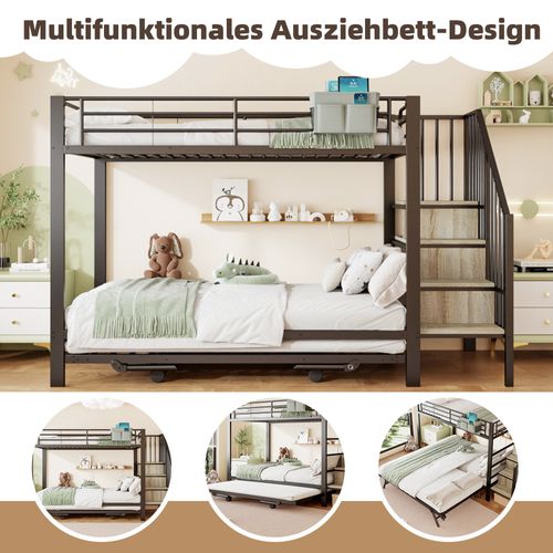 Lit Superposé 90x200 Cm Noir Avec Lit Extensible Et Rangement Intégré