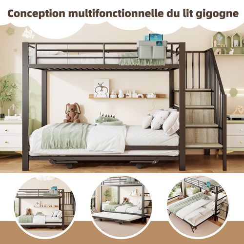 Lit Superposé 90x200 Cm Noir Avec Lit Extensible Et Rangement Intégré