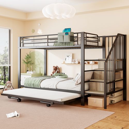 Lit Superposé 90x200 Cm Noir Avec Lit Extensible Et Rangement Intégré