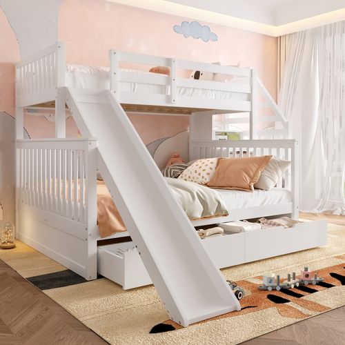 Lit Superposé Multifonction 90x200/140x200 Avec Tiroirs, Rangement Et Toboggan, Bois Blanc