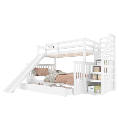 Lit Superposé Multifonction 90x200/140x200 Avec Tiroirs, Rangement Et Toboggan, Bois Blanc